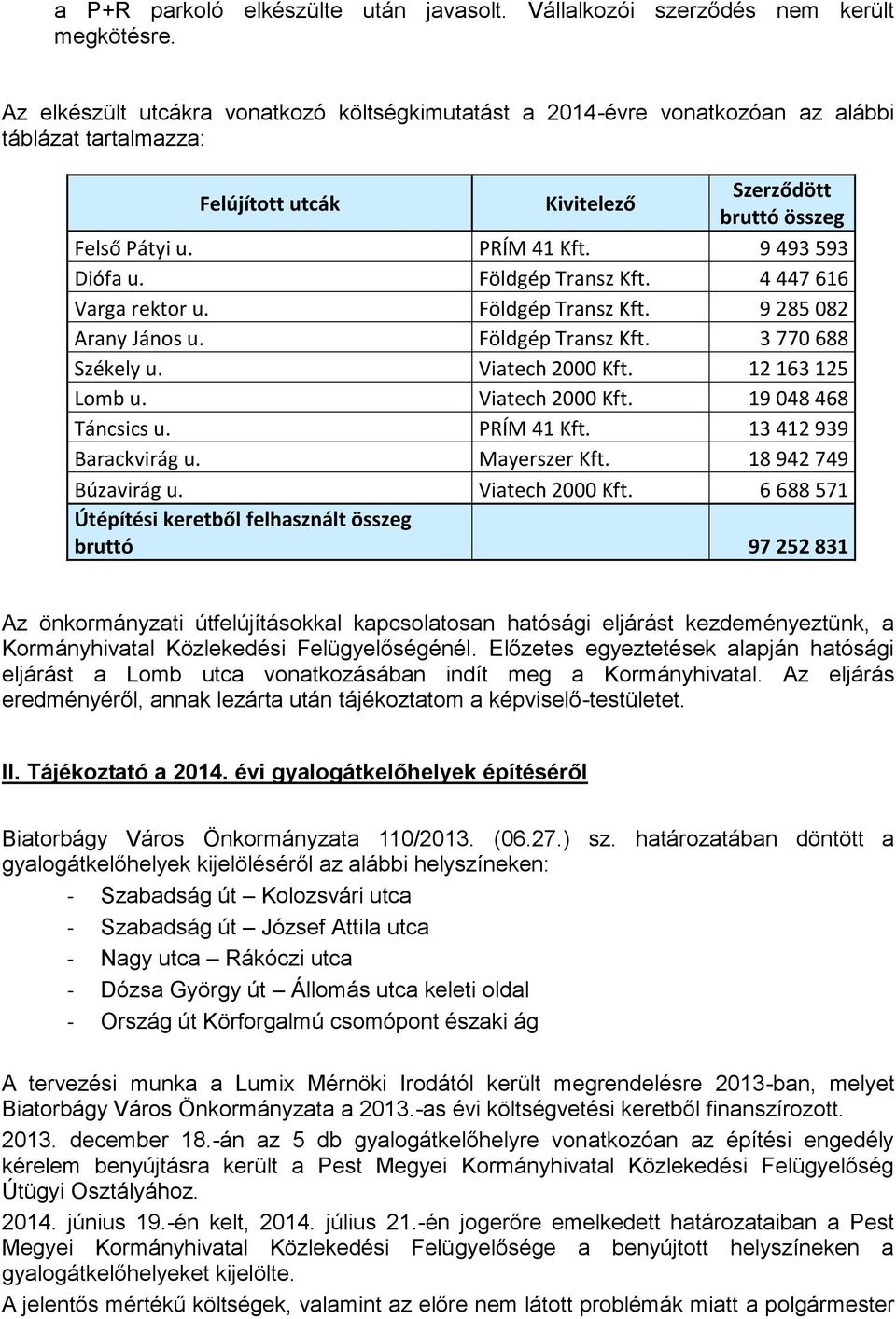 9 493 593 Diófa u. Földgép Transz Kft. 4 447 616 Varga rektor u. Földgép Transz Kft. 9 285 082 Arany János u. Földgép Transz Kft. 3 770 688 Székely u. Viatech 2000 Kft. 12 163 125 Lomb u.