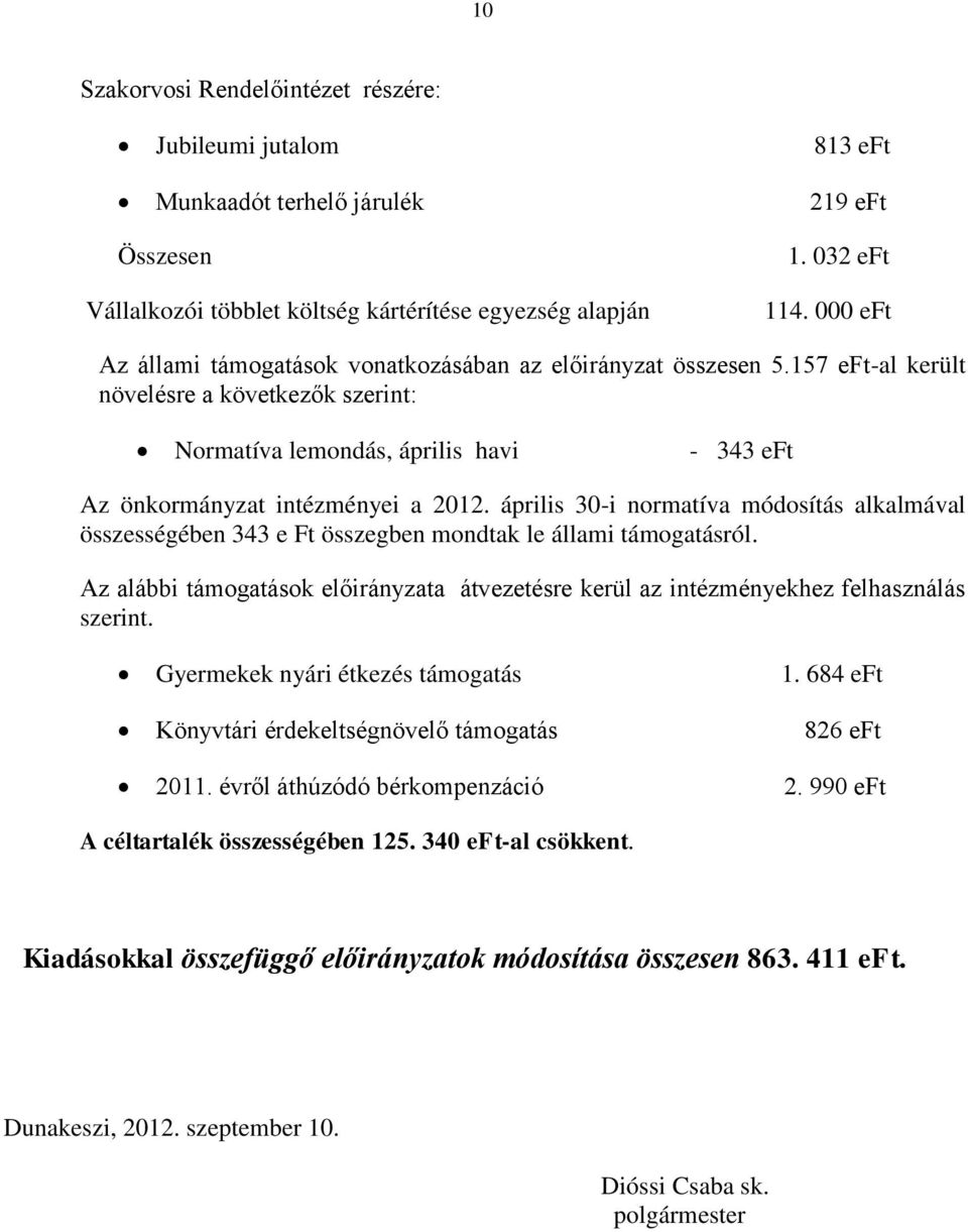 április 30-i normatíva módosítás alkalmával összességében 343 e Ft összegben mondtak le állami támogatásról.