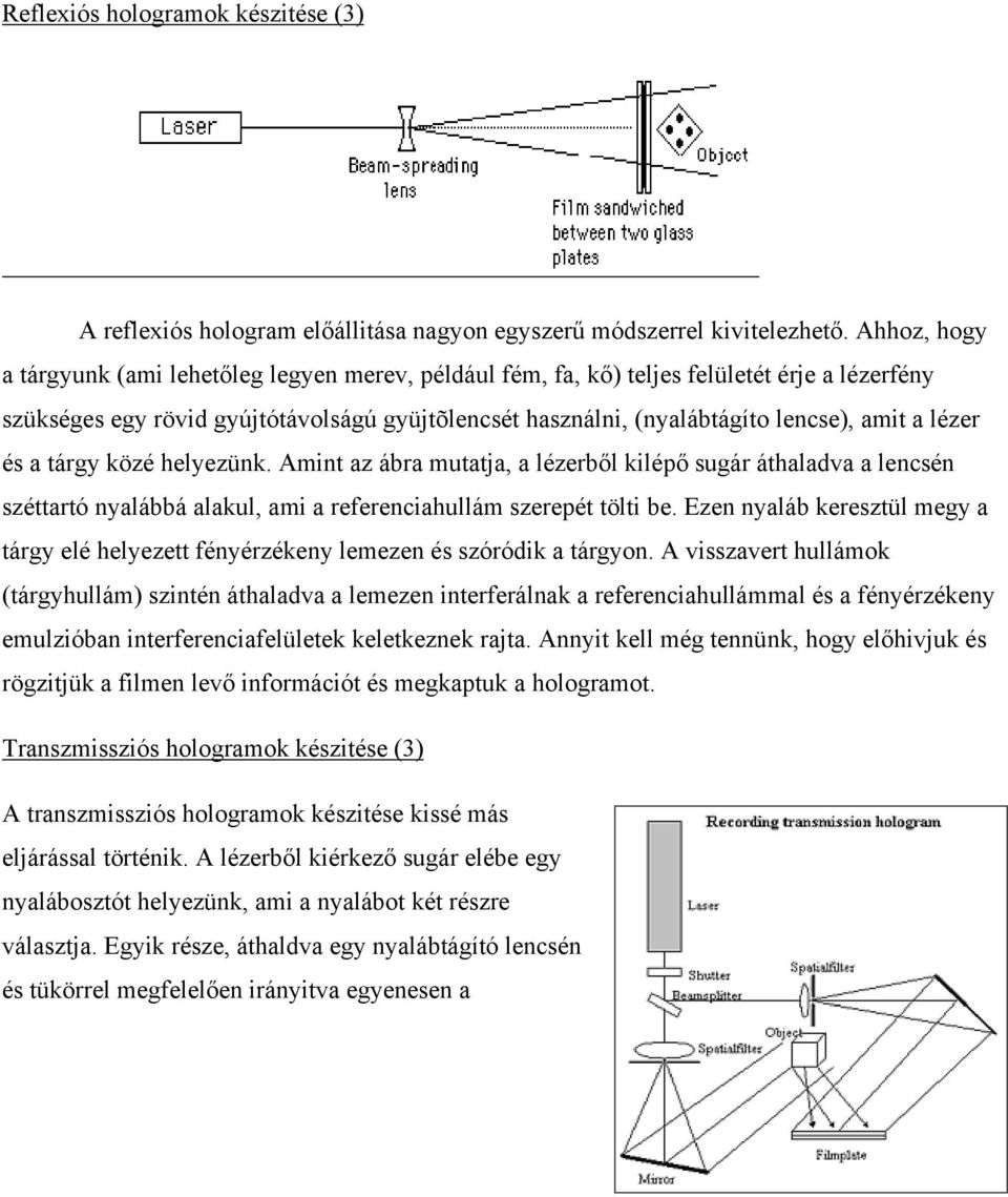 lézer és a tárgy közé helyezünk. Amint az ábra mutatja, a lézerből kilépő sugár áthaladva a lencsén széttartó nyalábbá alakul, ami a referenciahullám szerepét tölti be.