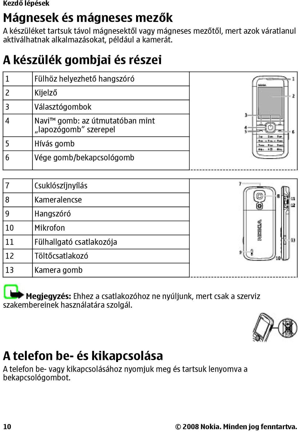 Csuklószíjnyílás 8 Kameralencse 9 Hangszóró 10 Mikrofon 11 Fülhallgató csatlakozója 12 Töltőcsatlakozó 13 Kamera gomb Megjegyzés: Ehhez a csatlakozóhoz ne nyúljunk, mert csak a