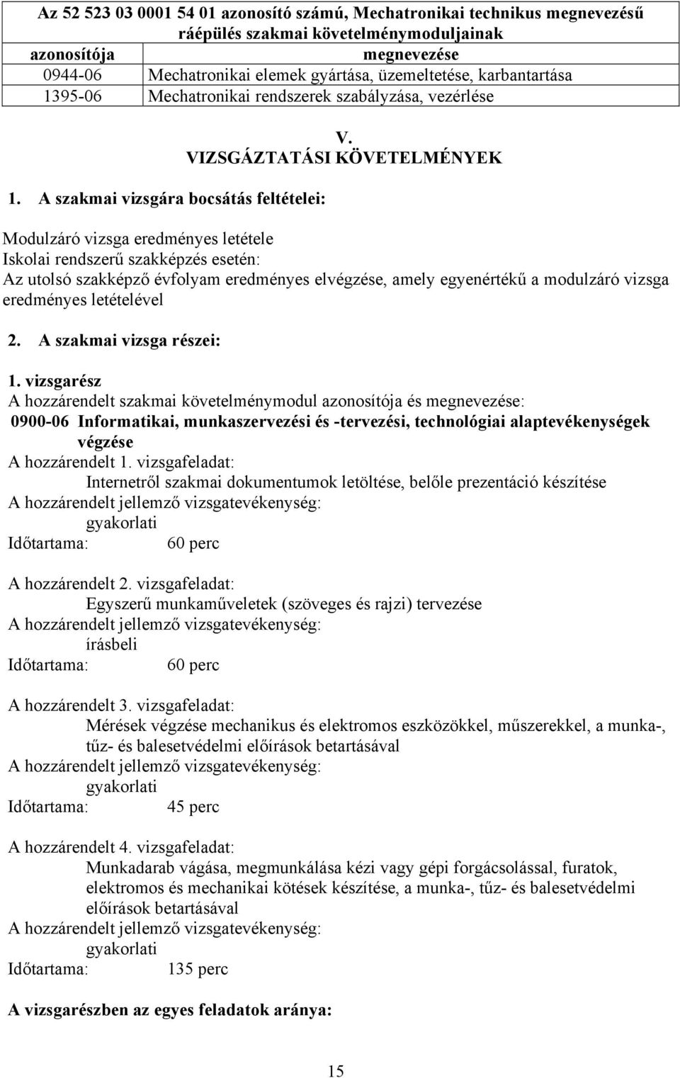 VIZSGÁZTATÁSI KÖVETELMÉNYEK Modulzáró vizsga eredményes letétele Iskolai rendszerű szakképzés esetén: Az utolsó szakképző évfolyam eredményes elvégzése, amely egyenértékű a modulzáró vizsga