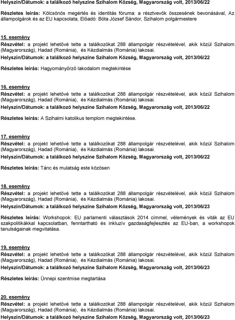 esemény Helyszín/Dátumok: a találkozó helyszíne Szihalom Község, Magyarország volt, 2013/06/23 Részletes leírás: Workshopok: EU parlamenti választások 2014 címmel, vélemények és viták az EU