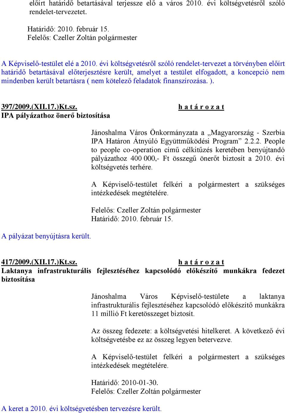 feladatok finanszírozása. ). 397/2009.(XII.17.)Kt.sz. IPA pályázathoz önerő biztosítása A pályázat benyújtásra került.