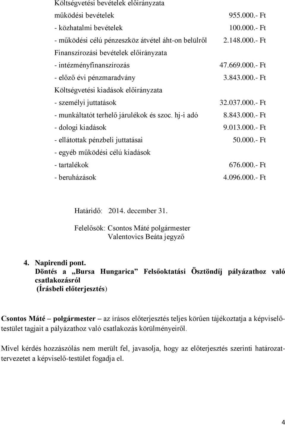 013.000.- Ft - ellátottak pénzbeli juttatásai 50.000.- Ft - egyéb működési célú kiadások - tartalékok 676.000.- Ft - beruházások 4.096.000.- Ft Határidő: 2014. december 31.