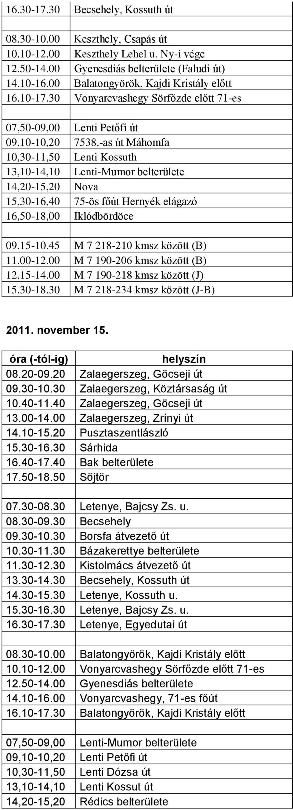 -as út Máhomfa 10,30-11,50 Lenti Kossuth 13,10-14,10 Lenti-Mumor belterülete 14,20-15,20 Nova 15,30-16,40 75-ös főút Hernyék elágazó 16,50-18,00 Iklódbördöce 09.15-10.