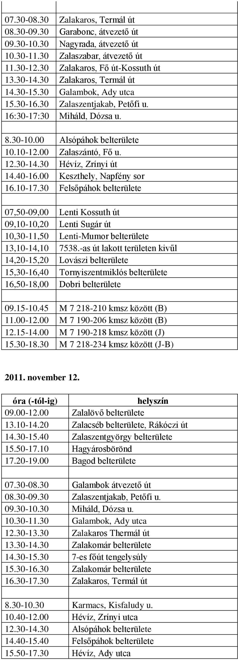 30 Hévíz, Zrínyi út 14.40-16.00 Keszthely, Napfény sor 16.10-17.30 Felsőpáhok belterülete 07,50-09,00 Lenti Kossuth út 09,10-10,20 Lenti Sugár út 10,30-11,50 Lenti-Mumor belterülete 13,10-14,10 7538.