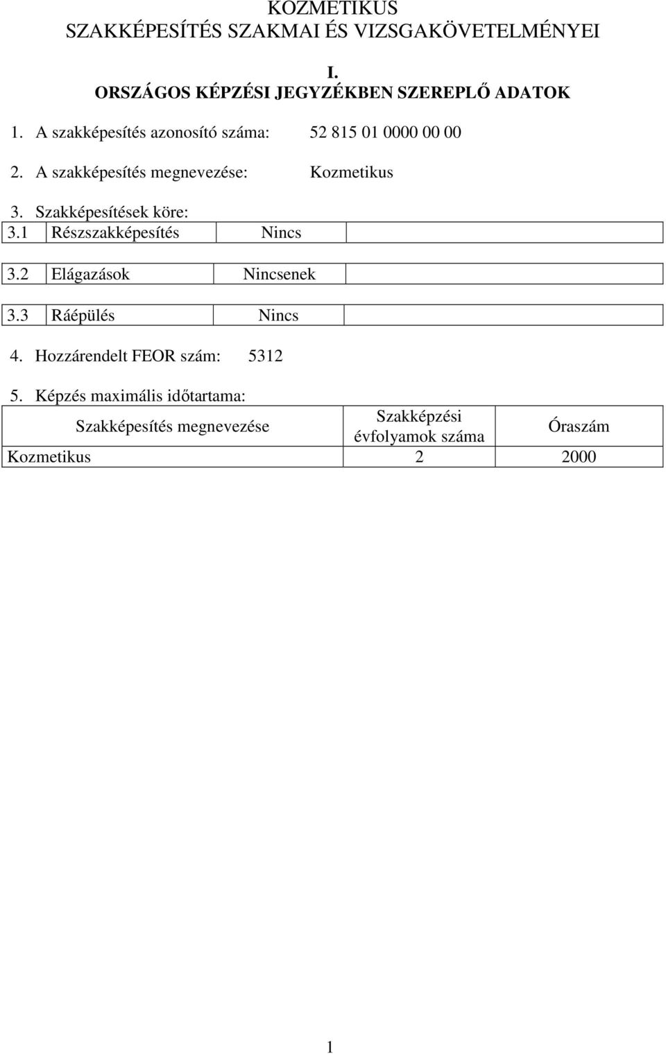 Szakképesítések köre: 3.1 Részszakképesítés Nincs 3.2 Elágazások Nincsenek 3.3 Ráépülés Nincs 4.