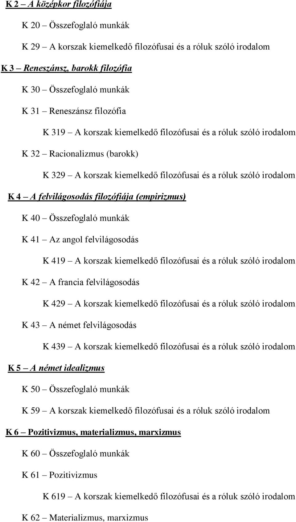 (empirizmus) K 40 Összefoglaló munkák K 41 Az angol felvilágosodás K 419 A korszak kiemelkedő filozófusai és a róluk szóló irodalom K 42 A francia felvilágosodás K 429 A korszak kiemelkedő