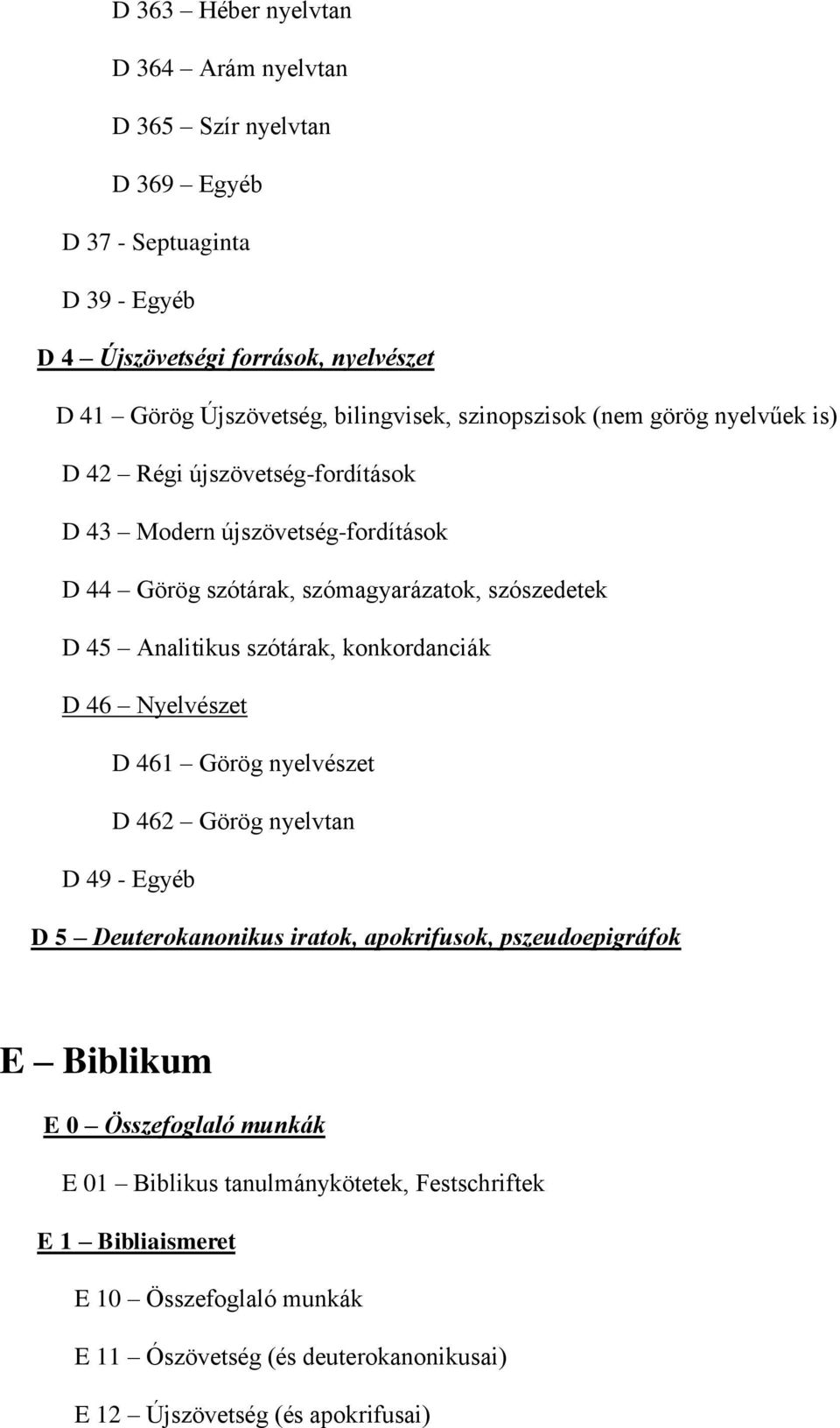 Analitikus szótárak, konkordanciák D 46 Nyelvészet D 461 Görög nyelvészet D 462 Görög nyelvtan D 49 - Egyéb D 5 Deuterokanonikus iratok, apokrifusok, pszeudoepigráfok E