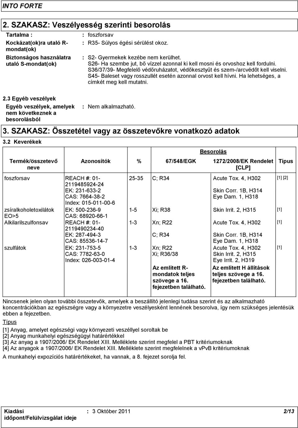S45- Baleset vagy rosszullét esetén azonnal orvost kell hívni. Ha lehetséges, a címkét meg kell mutatni. 2.3 Egyéb veszélyek Egyéb veszélyek, amelyek nem következnek a besorolásból Nem alkalmazható.