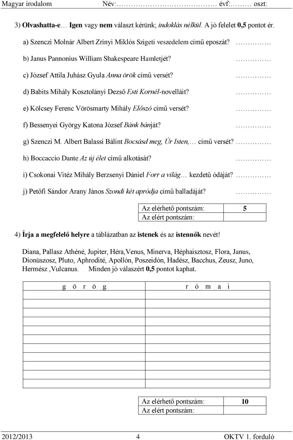 e) Kölcsey Ferenc Vörösmarty Mihály Előszó című versét? f) Bessenyei György Katona József Bánk bánját? g) Szenczi M. Albert Balassi Bálint Bocsásd meg, Úr Isten, című versét?