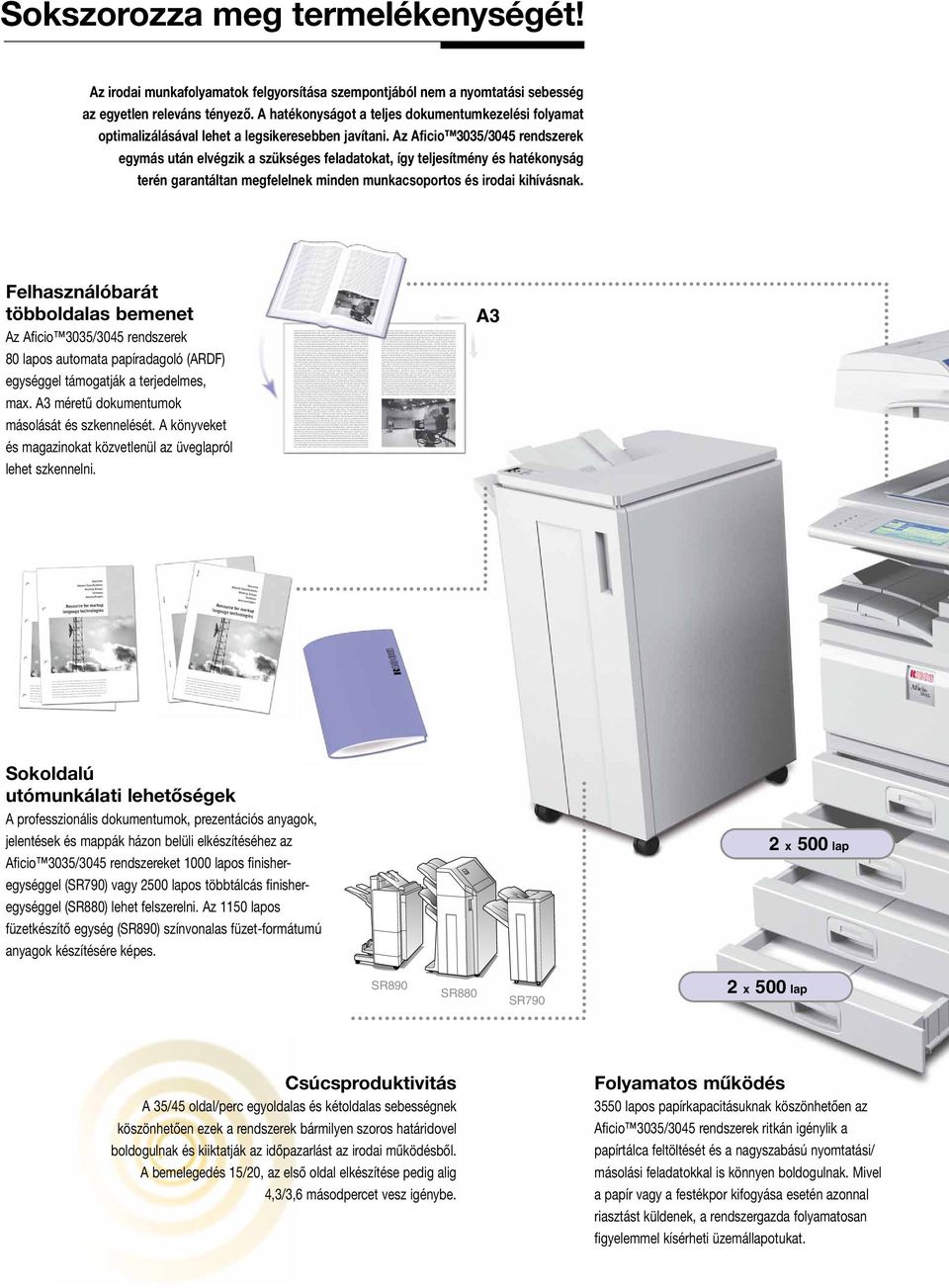 Az Aficio 3035/3045 rendszerek egymás után elvégzik a szükséges feladatokat, így teljesítmény és hatékonyság terén garantáltan megfelelnek minden munkacsoportos és irodai kihívásnak.