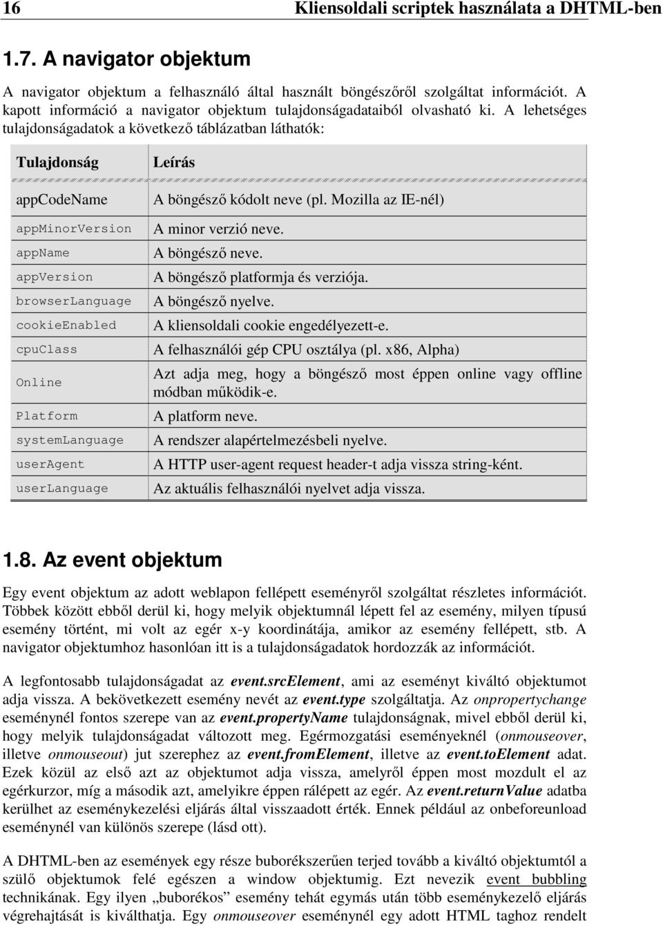 A lehetséges tulajdonságadatok a következı táblázatban láthatók: Tulajdonság appcodename appminorversion appname appversion browserlanguage cookieenabled cpuclass Online Platform systemlanguage