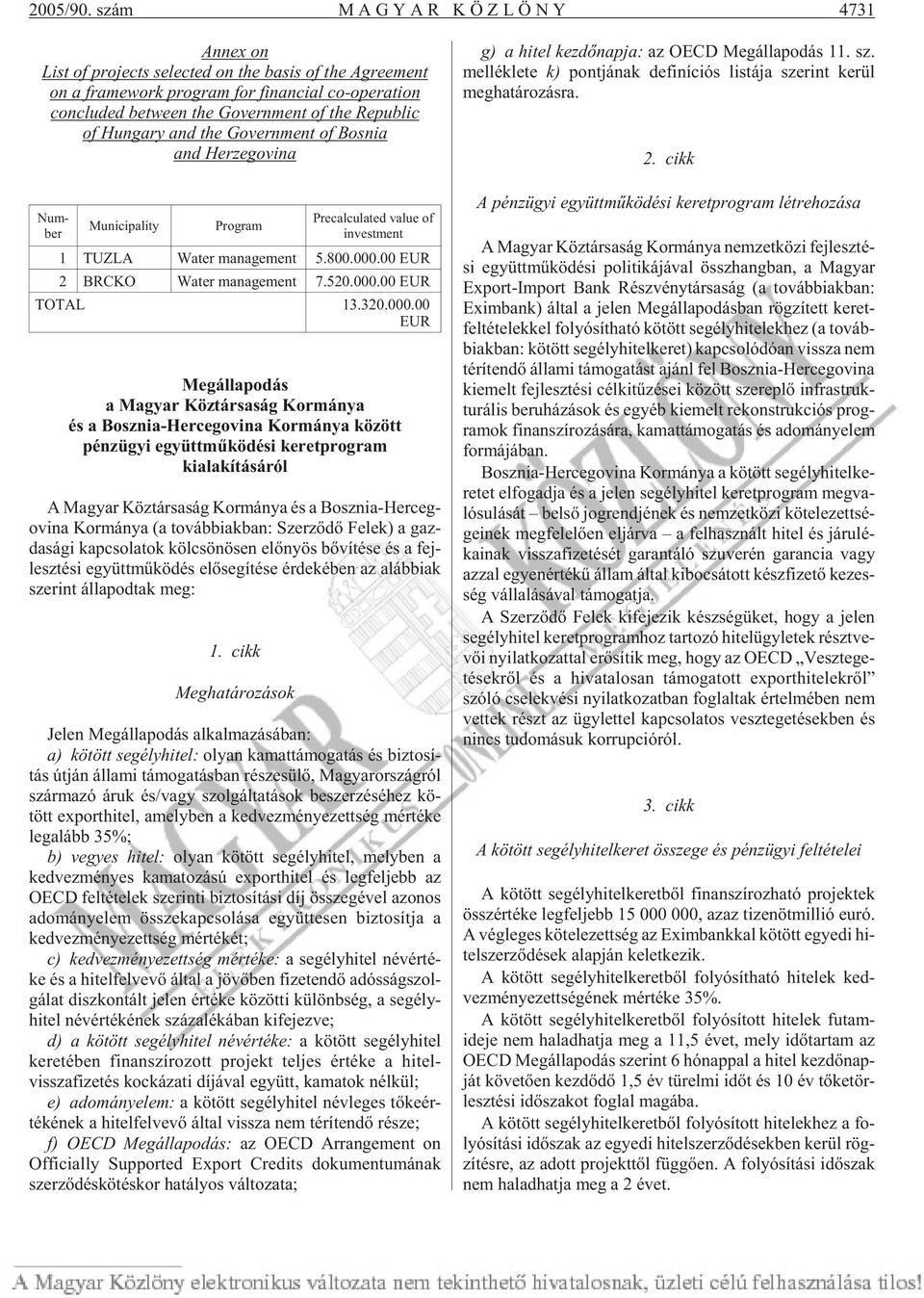 of Hungary and the Government of Bosnia and Herzegovina g) a hi tel kez dõ nap ja: az OECD Meg álla po dás 11. sz.