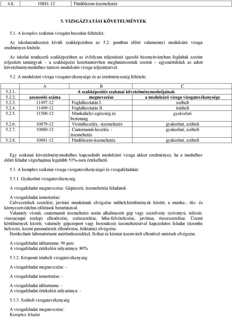 adott követelménymodulhoz tartozó modulzáró vizsga teljesítésével. 5.2. A modulzáró vizsga vizsgatevékenysége és az eredményesség feltétele: 5.2.1. A szakképesítés szakmai követelménymoduljainak 5.2.2. azonosító száma megnevezése a modulzáró vizsga vizsgatevékenysége 5.