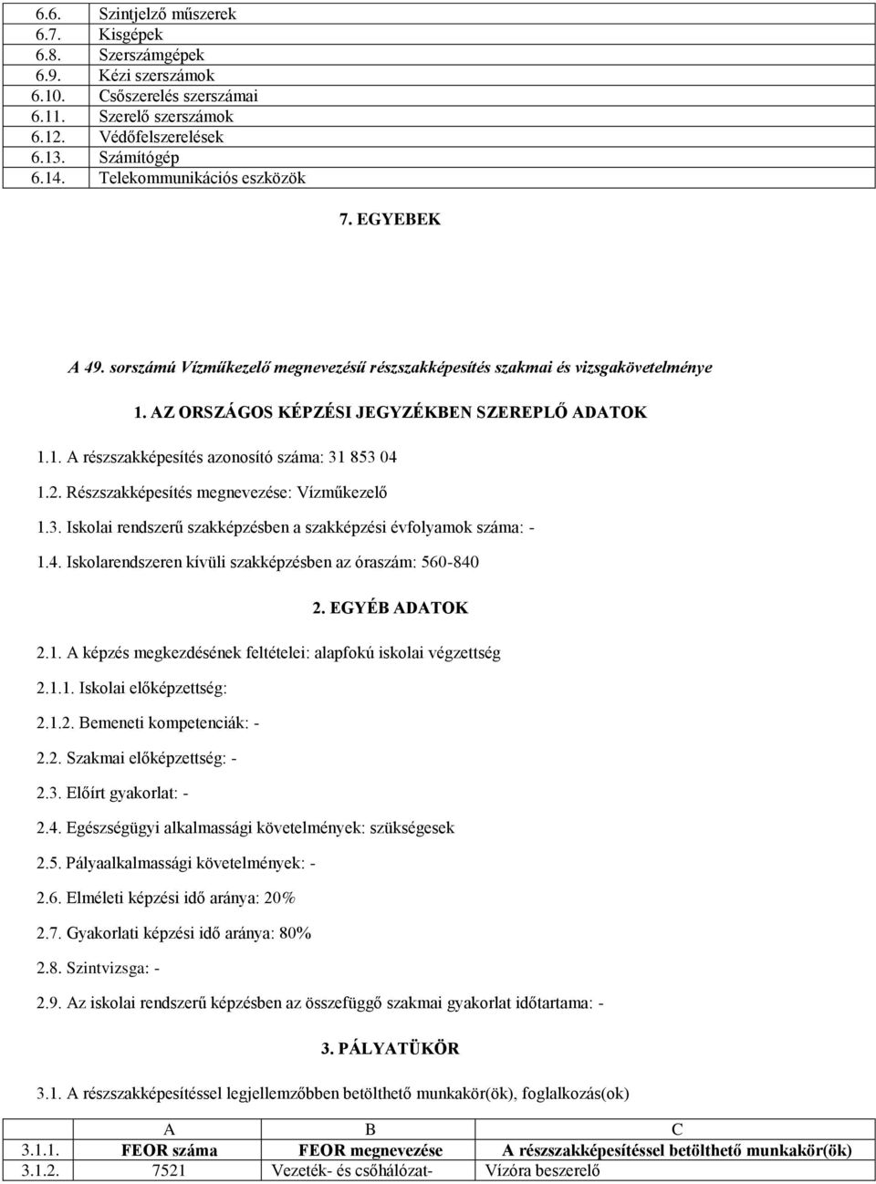 2. Részszakképesítés megnevezése: Vízműkezelő 1.3. Iskolai rendszerű szakképzésben a szakképzési évfolyamok száma: - 1.4. Iskolarendszeren kívüli szakképzésben az óraszám: 560-840 2. EGYÉB ADATOK 2.1. A képzés megkezdésének feltételei: alapfokú iskolai végzettség 2.