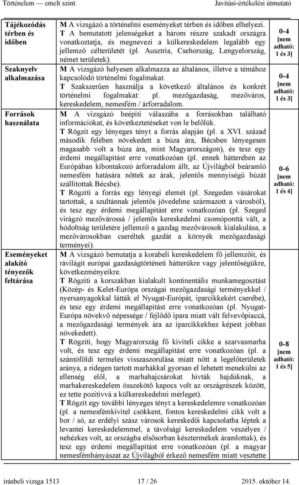 M A vizsgázó helyesen alkalmazza az általános, illetve a témához kapcsolódó történelmi fogalmakat. T Szakszerűen használja a következő általános és konkrét történelmi fogalmakat: pl.