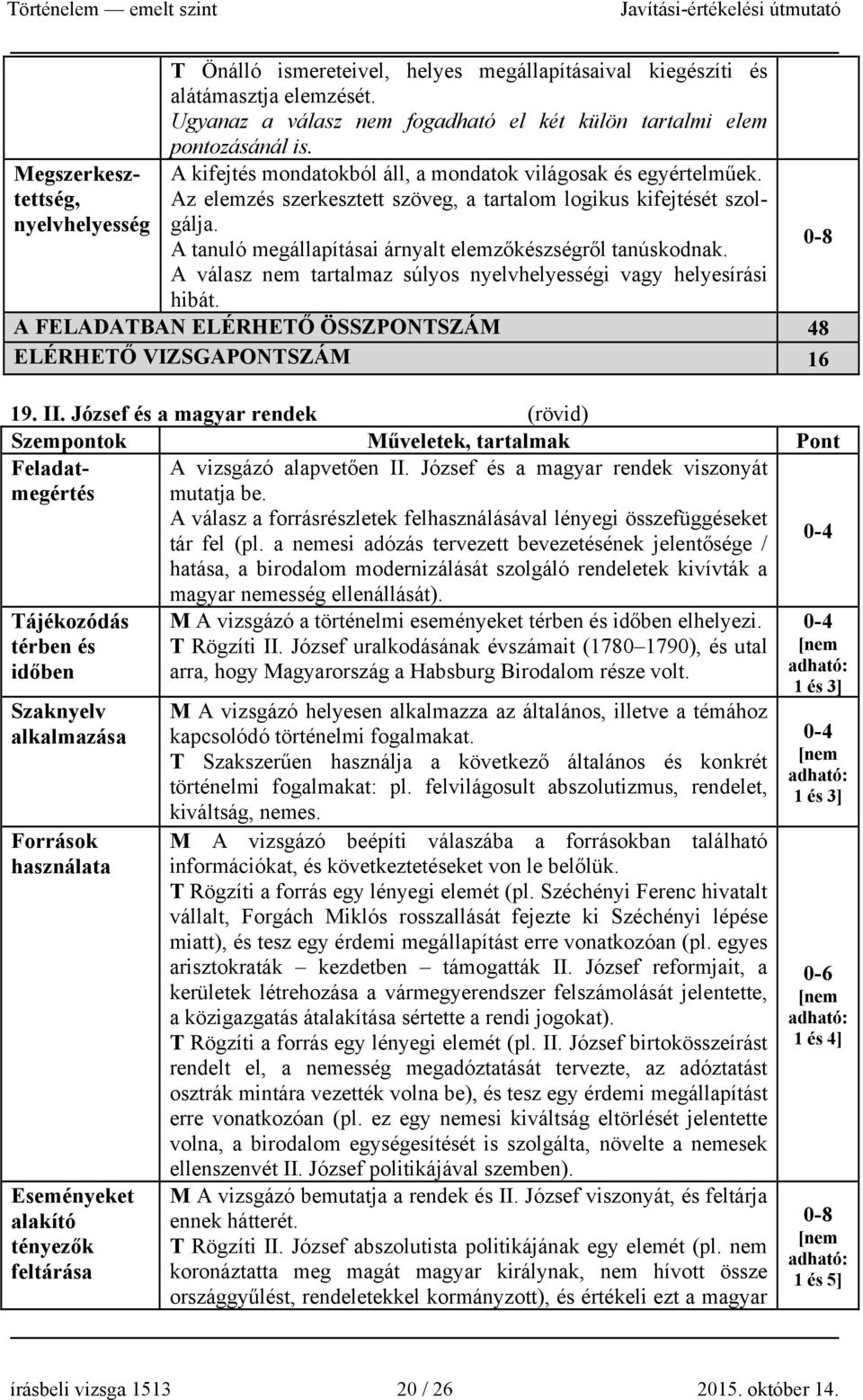 A válasz nem tartalmaz súlyos nyelvhelyességi vagy helyesírási hibát. A FELADATBAN ELÉRHETŐ ÖSSZPONTSZÁM 48 ELÉRHETŐ VIZSGAPONTSZÁM 16 19. II.