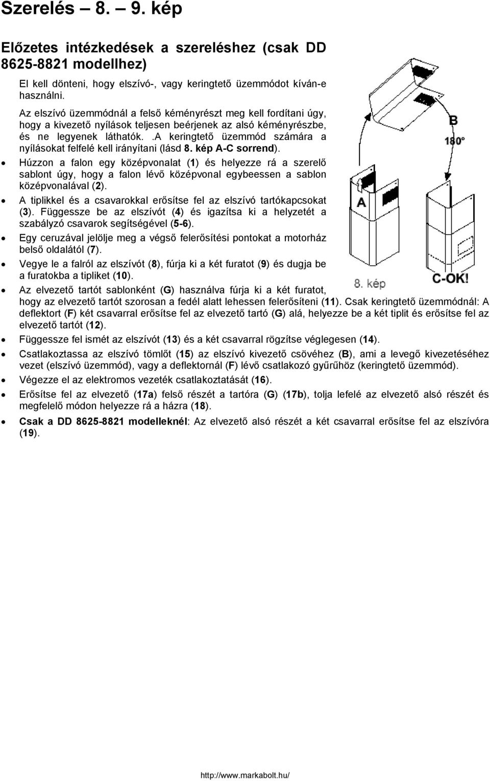 .a keringtető üzemmód számára a nyílásokat felfelé kell irányítani (lásd 8. kép A-C sorrend).