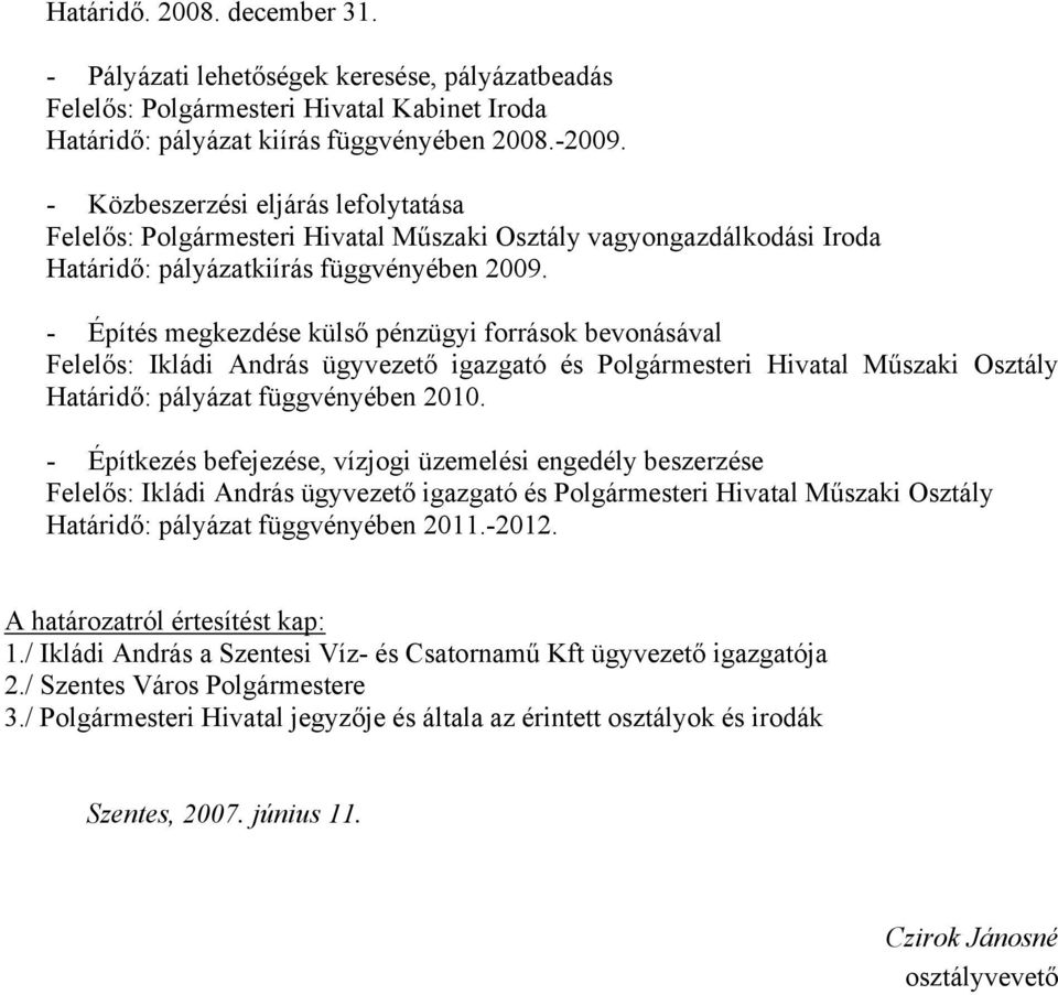 - Építés megkezdése külső pénzügyi források bevonásával Felelős: Ikládi András ügyvezető igazgató és Polgármesteri Hivatal Műszaki Osztály Határidő: pályázat függvényében 2010.