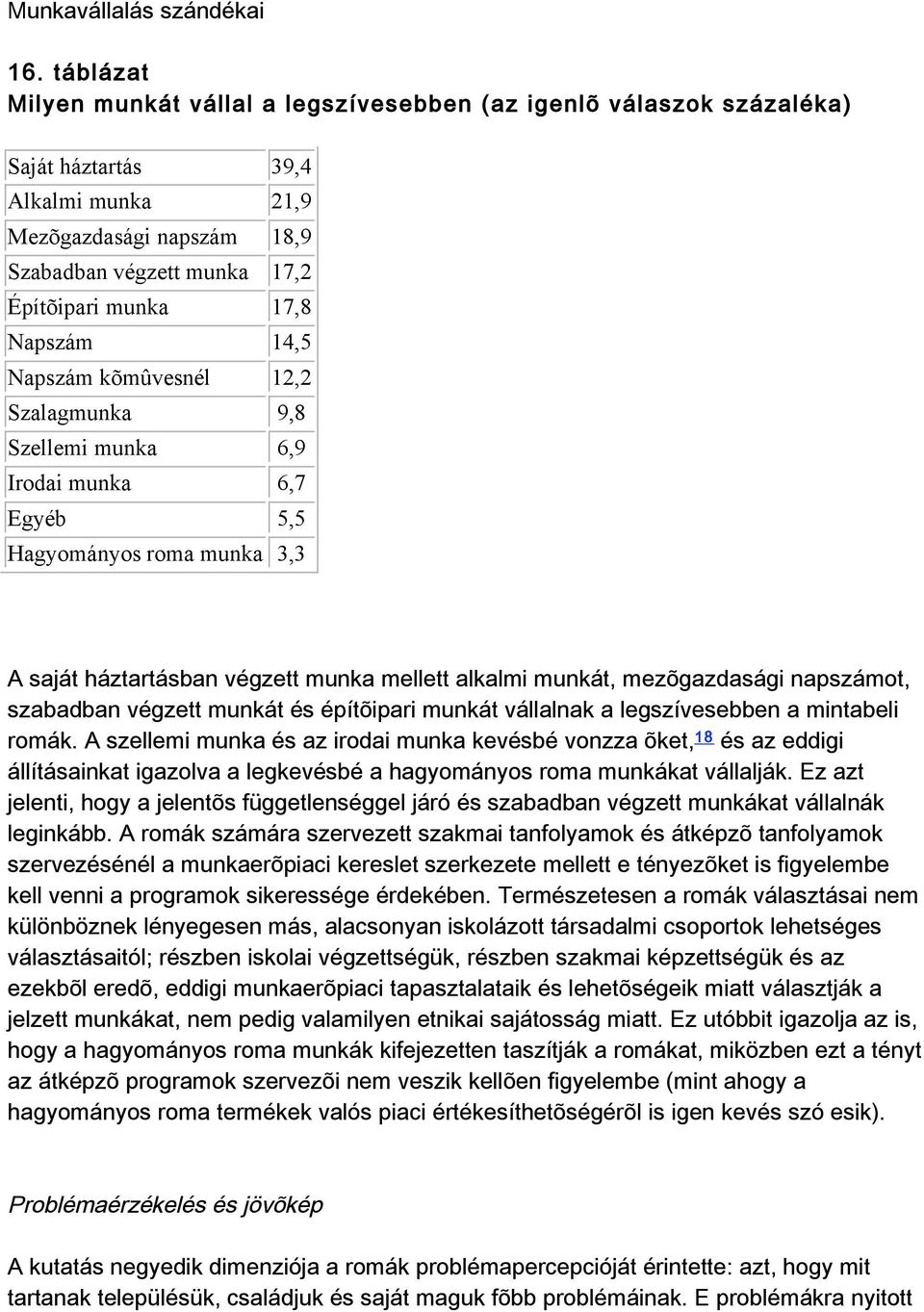 14,5 Napszám kõmûvesnél 12,2 Szalagmunka 9,8 Szellemi munka 6,9 Irodai munka 6,7 Egyéb 5,5 Hagyományos roma munka 3,3 Asajátháztartásbanvégzettmunkamellettalkalmimunkát,mezõgazdaságinapszámot,