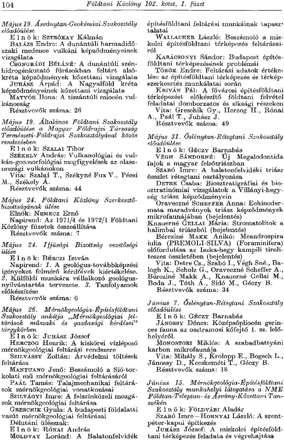 feltárt alsókréta képződmények kőzettani vizsgálata JUHÁSZ Árpád: A Nagyalföld kréta képződményeinek kőzettani vizsgálata MATYÓK Ilona: A tiszántúli miocén vulkánosság Résztvevők száma: 26 Május 19.
