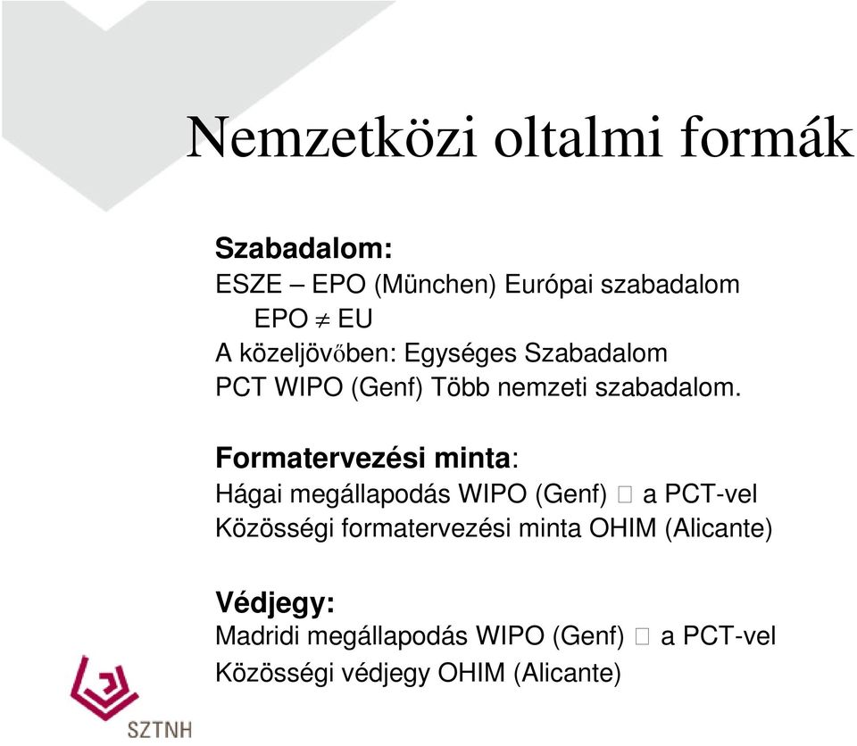 Formatervezési minta: Hágai megállapodás WIPO (Genf) a PCT-vel Közösségi formatervezési
