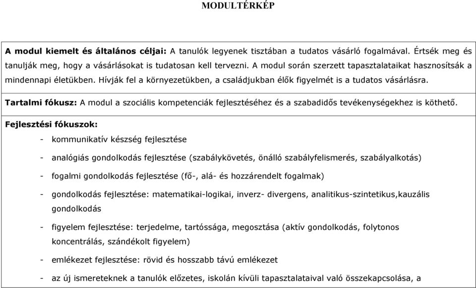 Tartalmi fókusz: A modul a szociális kompetenciák fejlesztéséhez és a szabadidős tevékenységekhez is köthető.