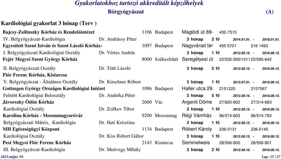 - 2016.09.15. Fejér Megyei Szent György Kórház 8000 Székesfehér Seregélyesi út 22/535-500/1011 22/595-642 II. Belgyógyászati Osztály Dr. Tóth László 3 hónap 2 fő 2012.09.15. - 2016.09.15. Flór Ferenc Kórház, Kistarcsa V.