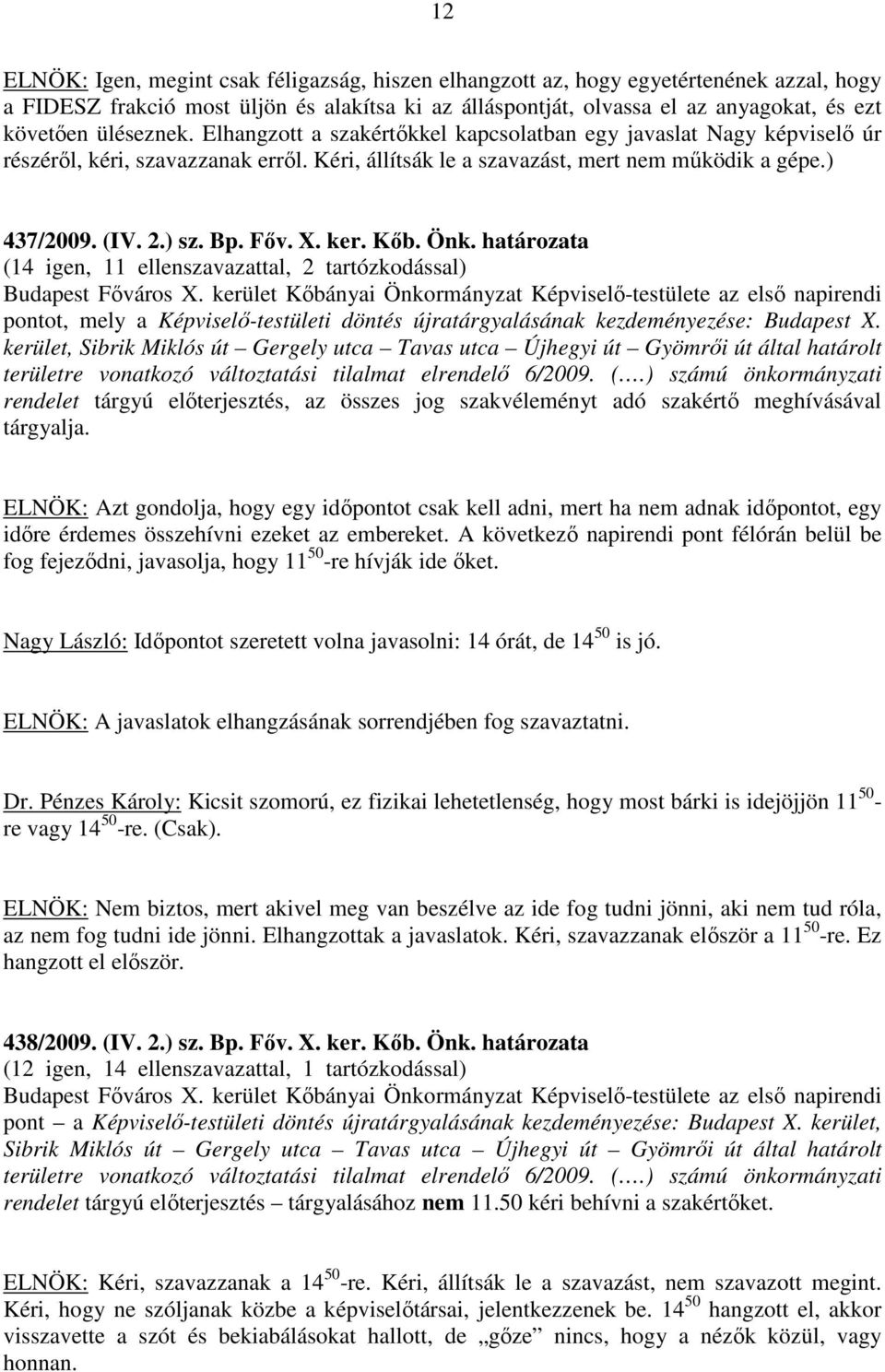 Főv. X. ker. Kőb. Önk. határozata (14 igen, 11 ellenszavazattal, 2 tartózkodással) Budapest Főváros X.