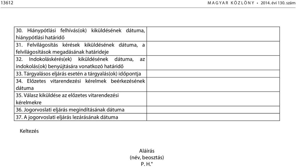 Indokoláskérés(ek) kiküldésének dátuma, az indokolás(ok) benyújtására vonatkozó határidő 33. Tárgyalásos eljárás esetén a tárgyalás(ok) időpontja 34.