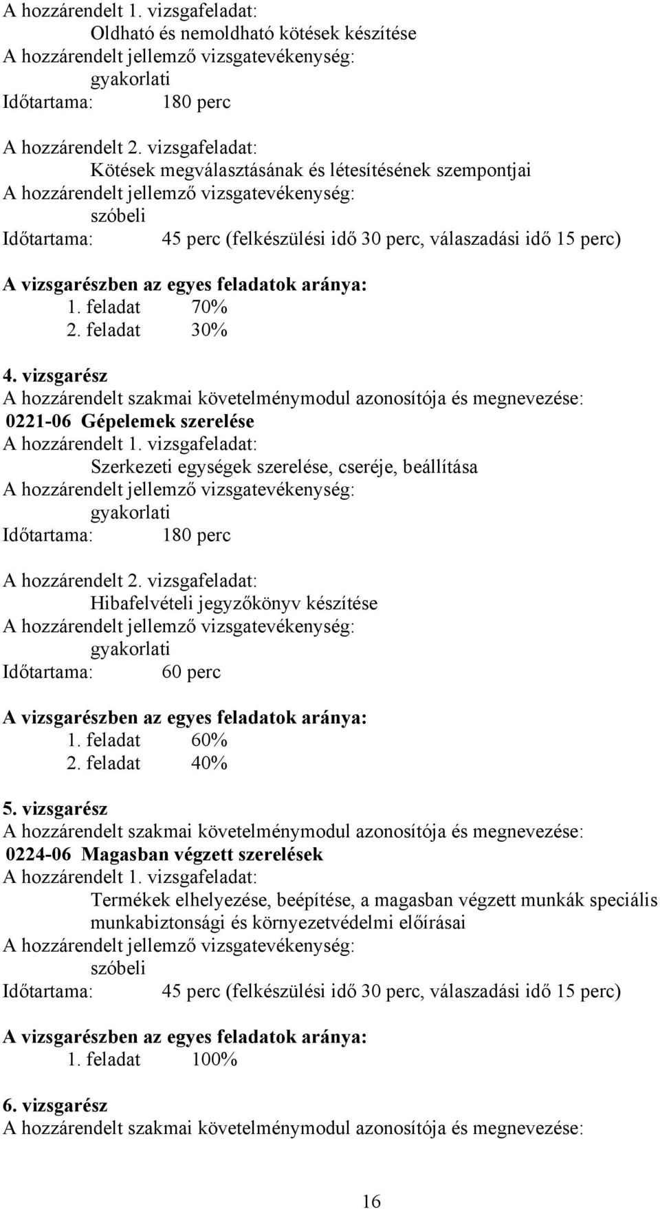 vizsgarészben az egyes feladatok aránya: 1. feladat 70% 2. feladat 30% 4. vizsgarész hozzárendelt szakmai követelménymodul azonosítója és megnevezése: 0221-06 Gépelemek szerelése hozzárendelt 1.