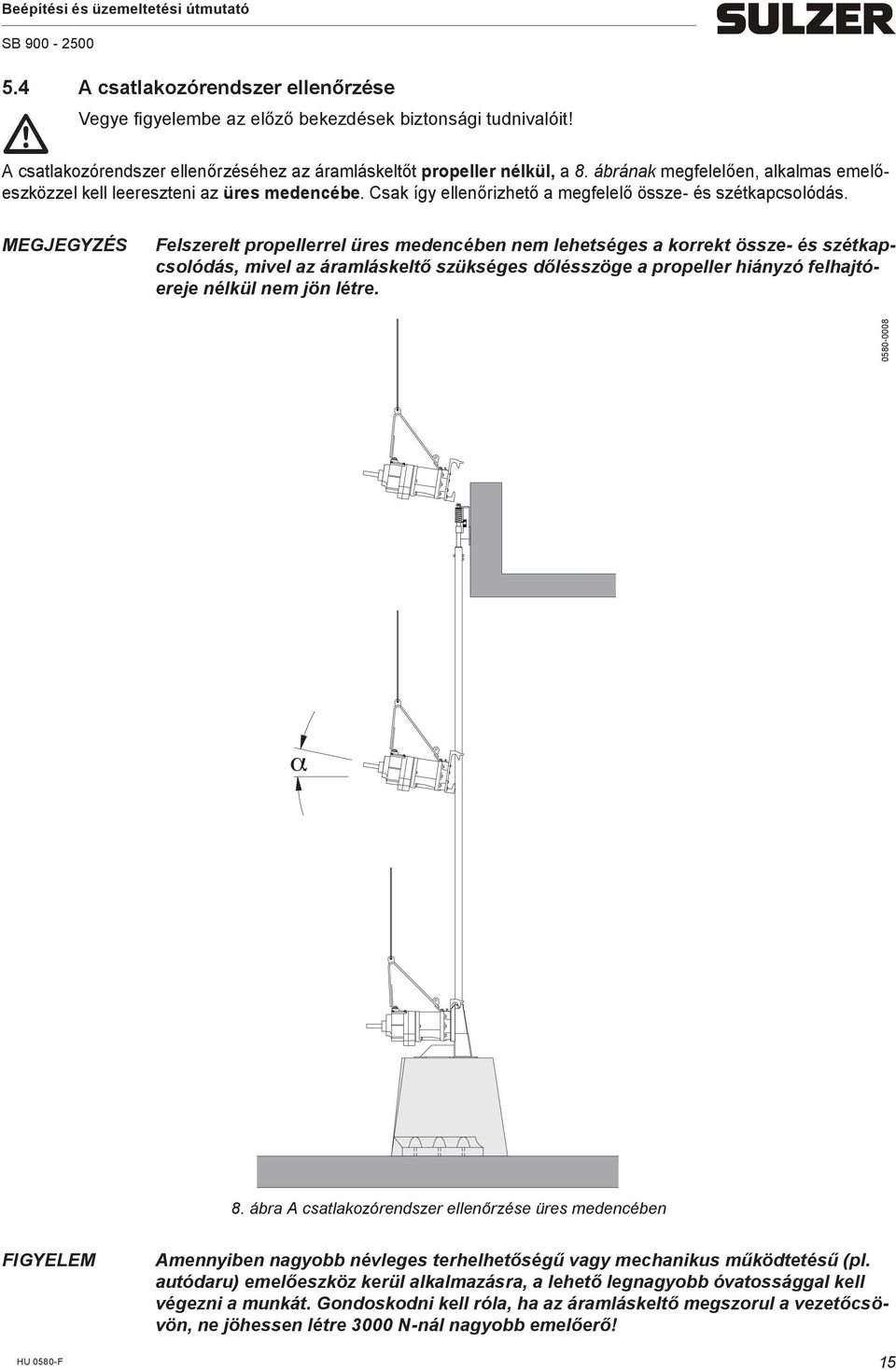 MEGJEGYZÉS Felszerelt propellerrel üres medencében nem lehetséges a korrekt össze- és szétkapcsolódás, mivel az áramláskeltő szükséges dőlésszöge a propeller hiányzó felhajtóereje nélkül nem jön