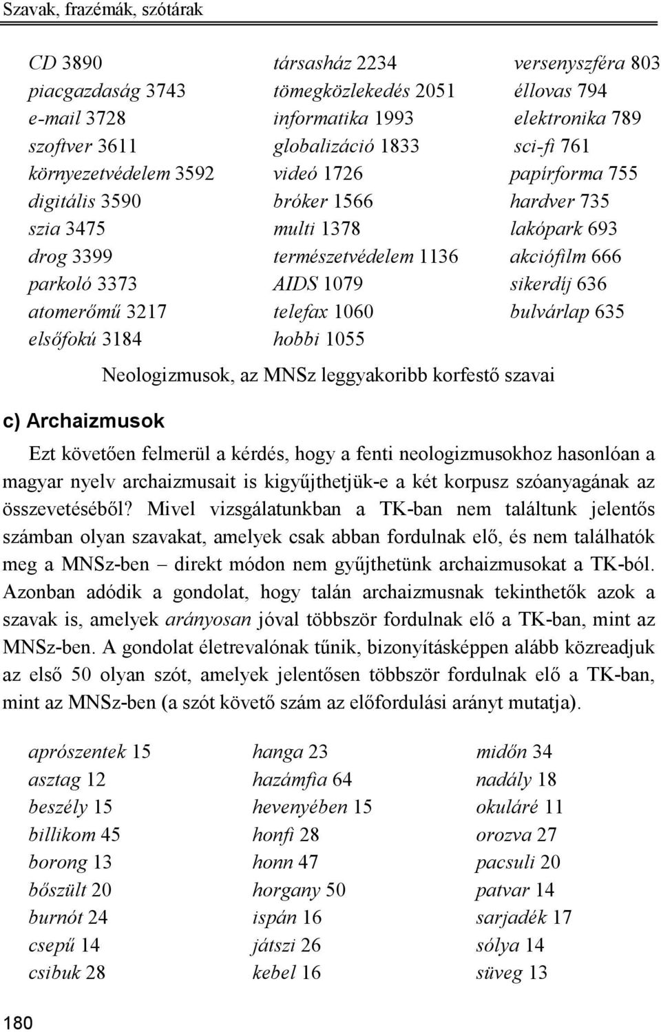 1079 sikerdíj 636 atomerımő 3217 telefax 1060 bulvárlap 635 elsıfokú 3184 hobbi 1055 c) Archaizmusok Neologizmusok, az MNSz leggyakoribb korfestı szavai Ezt követıen felmerül a kérdés, hogy a fenti