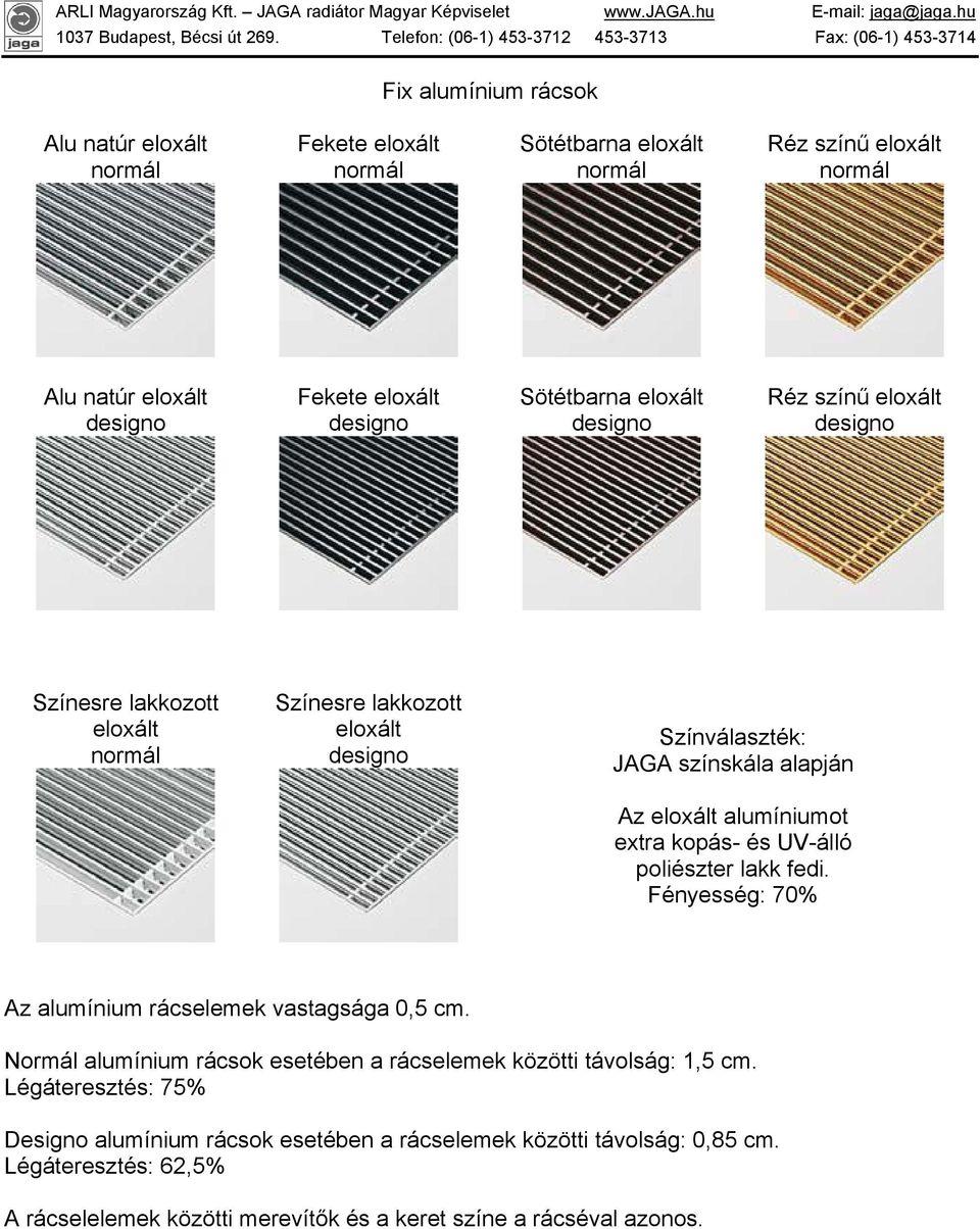 alumíniumot extra kopás- és UV-álló poliészter lakk fedi. Fényesség: 70% Az alumínium rácselemek vastagsága 0,5 cm.