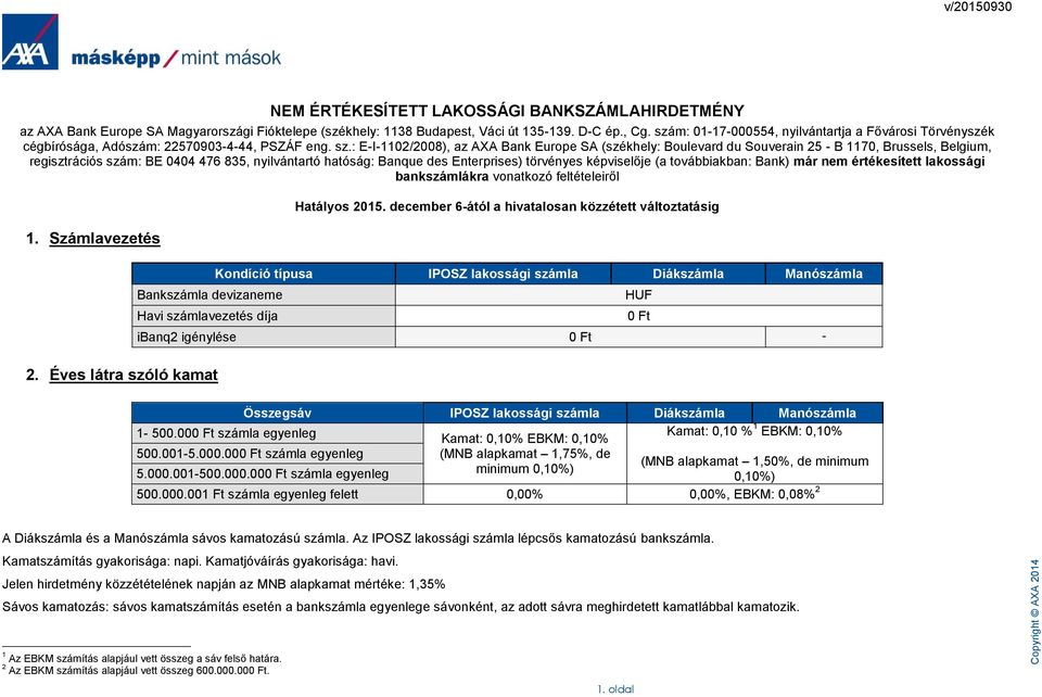 : E-I-1102/2008), az AXA Bank Europe SA (székhely: Boulevard du Souverain 25 - B 1170, Brussels, Belgium, regisztrációs szám: BE 0404 476 835, nyilvántartó hatóság: Banque des Enterprises) törvényes