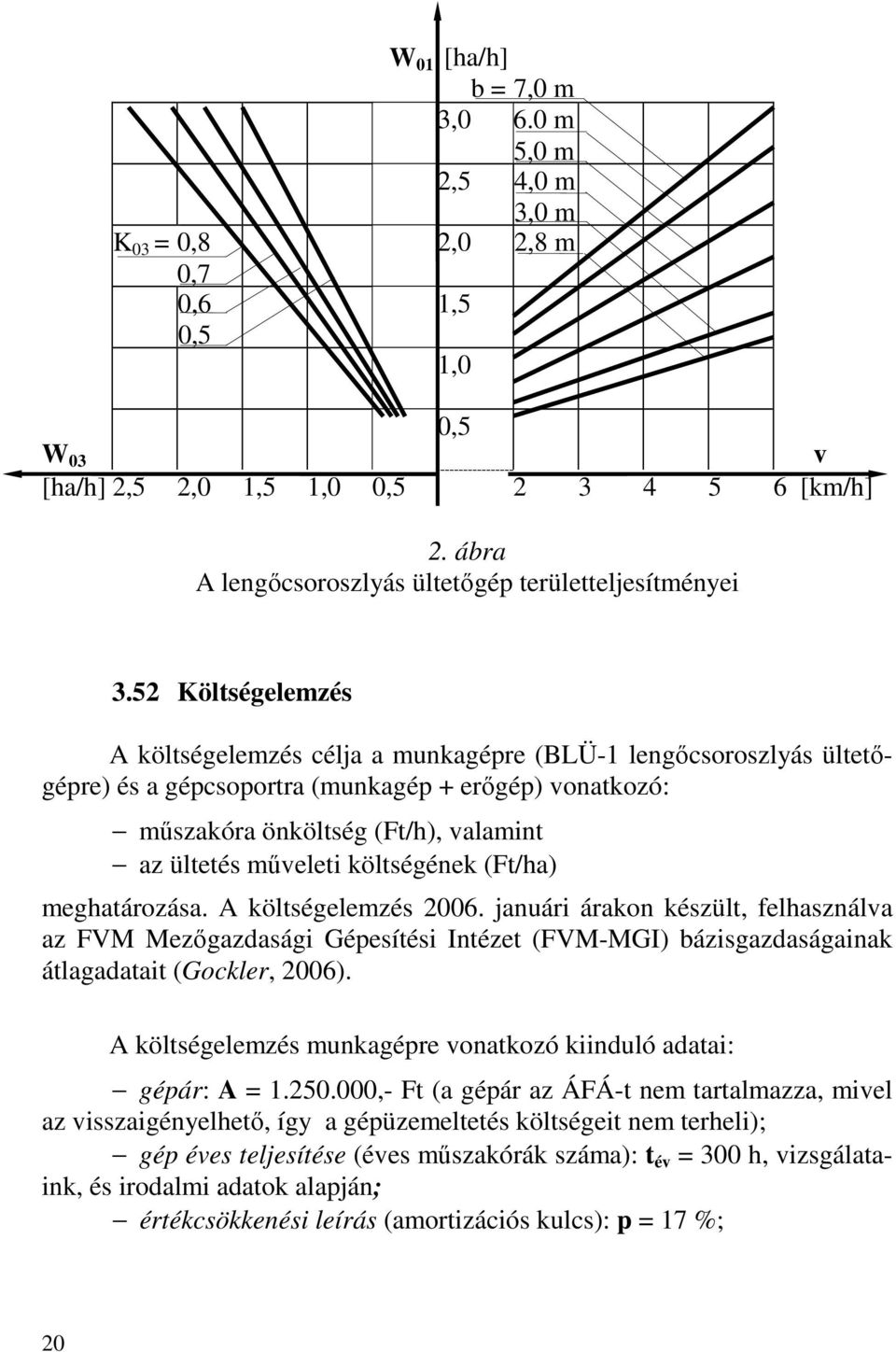 52 Költségelemzés A költségelemzés célja a munkagépre (BLÜ-1 lengőcsoroszlyás ültetőgépre) és a gépcsoportra (munkagép + erőgép) vonatkozó: műszakóra önköltség (Ft/h), valamint az ültetés műveleti