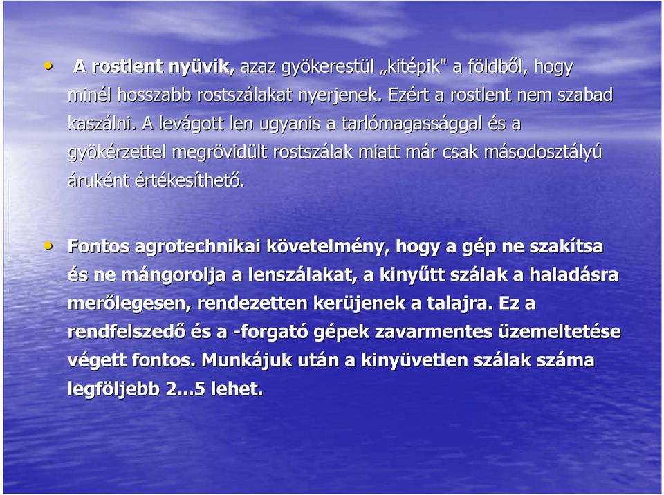 Fontos agrotechnikai követelmény, hogy a gép ne szakítsa és ne mángorolja a lenszálakat,, a kinyőtt szálak a haladásra merılegesen, rendezetten