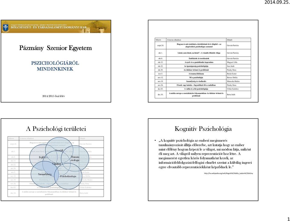 Emlékeink és torzításaink Gerván Patrícia okt.15. A nyelv és a gondolkodás kapcsolata Magyari Lilla okt.22. Az igazságosság pszichológiája Sass Judit okt.29.