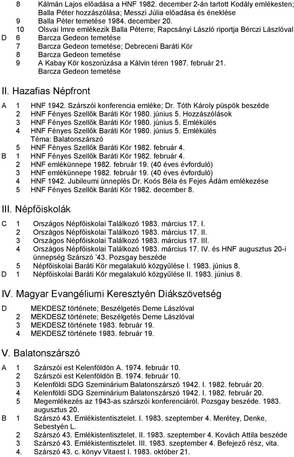 koszorúzása a Kálvin téren 1987. február 21. Barcza Gedeon temetése II. Hazafias Népfront A 1 HNF 1942. Szárszói konferencia emléke; Dr.