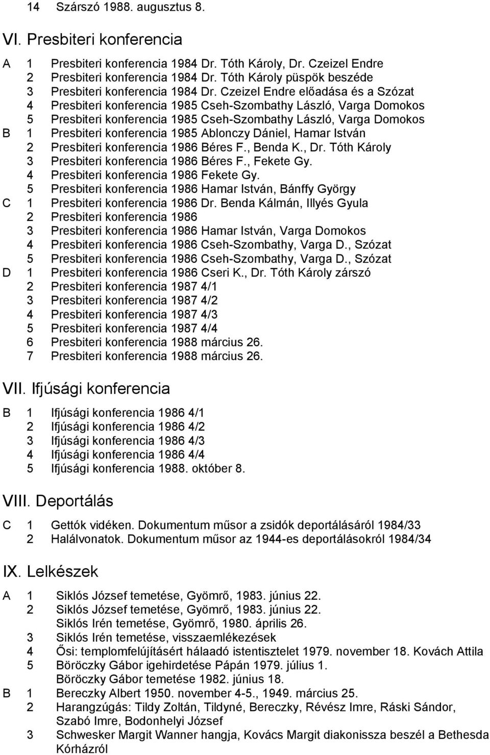 Czeizel Endre előadása és a Szózat 4 Presbiteri konferencia 1985 Cseh-Szombathy László, Varga Domokos 5 Presbiteri konferencia 1985 Cseh-Szombathy László, Varga Domokos B 1 Presbiteri konferencia