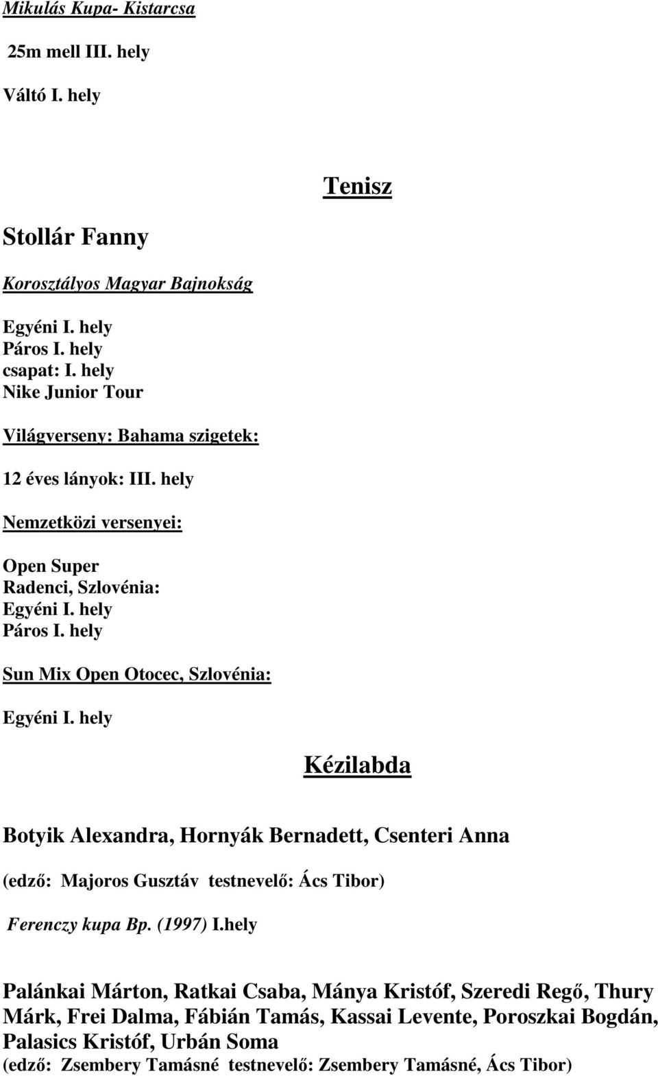 hely Sun Mix Open Otocec, Szlovénia: Egyéni I. hely Kézilabda Botyik Alexandra, Hornyák Bernadett, Csenteri Anna (edző: Majoros Gusztáv testnevelő: Ács Tibor) Ferenczy kupa Bp.