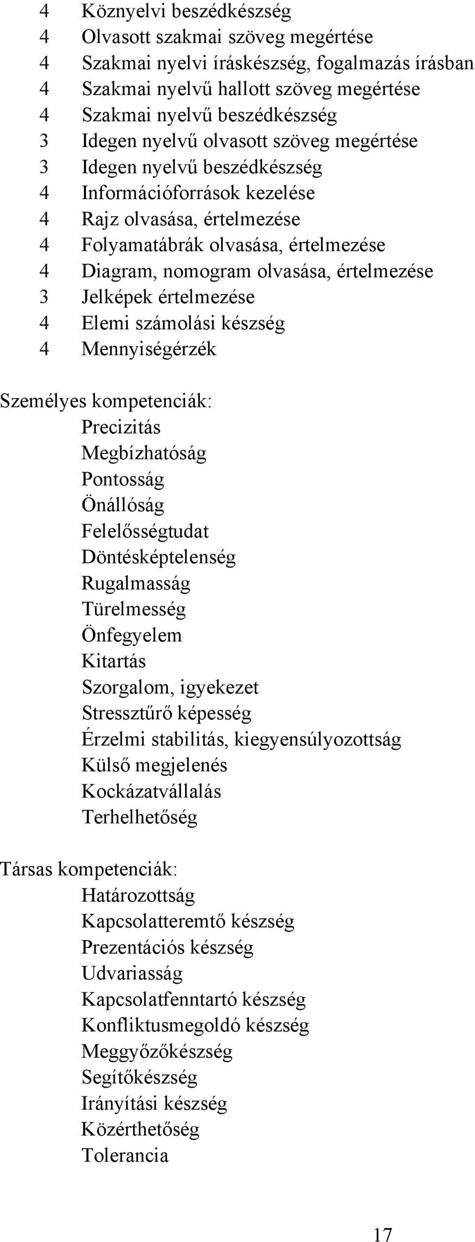 Jelképek értelmezése 4 Elemi számolási készség 4 Mennyiségérzék Személyes kompetenciák: Precizitás Megbízhatóság Pontosság Önállóság Felelősségtudat Döntésképtelenség Rugalmasság Türelmesség