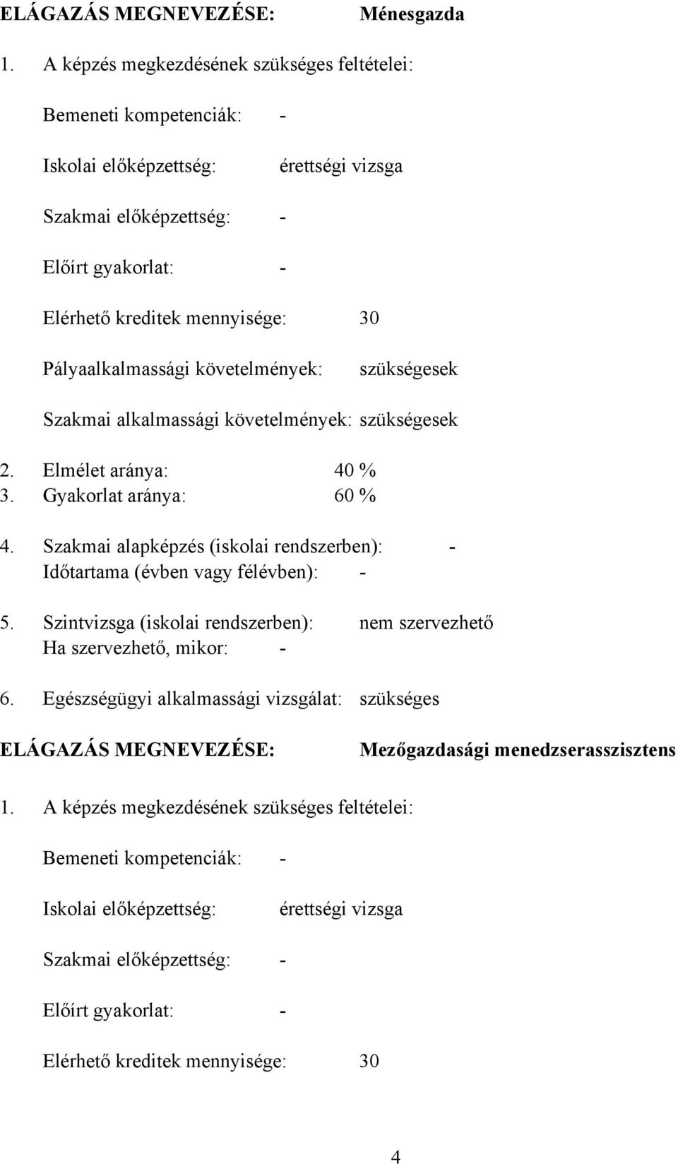 Pályaalkalmassági követelmények: szükségesek Szakmai alkalmassági követelmények: szükségesek 2. Elmélet aránya: 40 % 3. Gyakorlat aránya: 60 % 4.