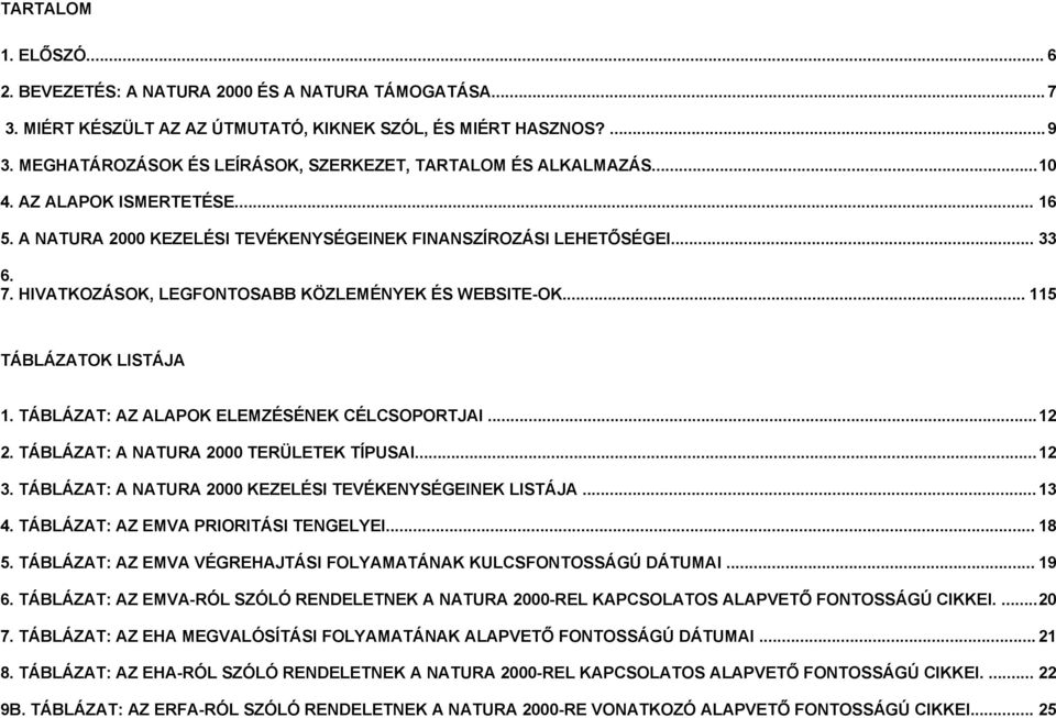 HIVATKOZÁSOK, LEGFONTOSABB KÖZLEMÉNYEK ÉS WEBSITE-OK... 115 TÁBLÁZATOK LISTÁJA 1. TÁBLÁZAT: AZ ALAPOK ELEMZÉSÉNEK CÉLCSOPORTJAI...12 2. TÁBLÁZAT: A NATURA 2000 TERÜLETEK TÍPUSAI...12 3.