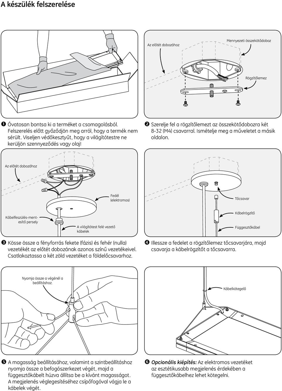Az előtét dobozához Fedél (elektromos) Tőcsavar Kábelfeszülés-mentesítő persely A világítótest felé vezető kábelek Kábelrögzítő Függesztőkábel Kösse össze a fényforrás fekete (fázis) és fehér (nulla)