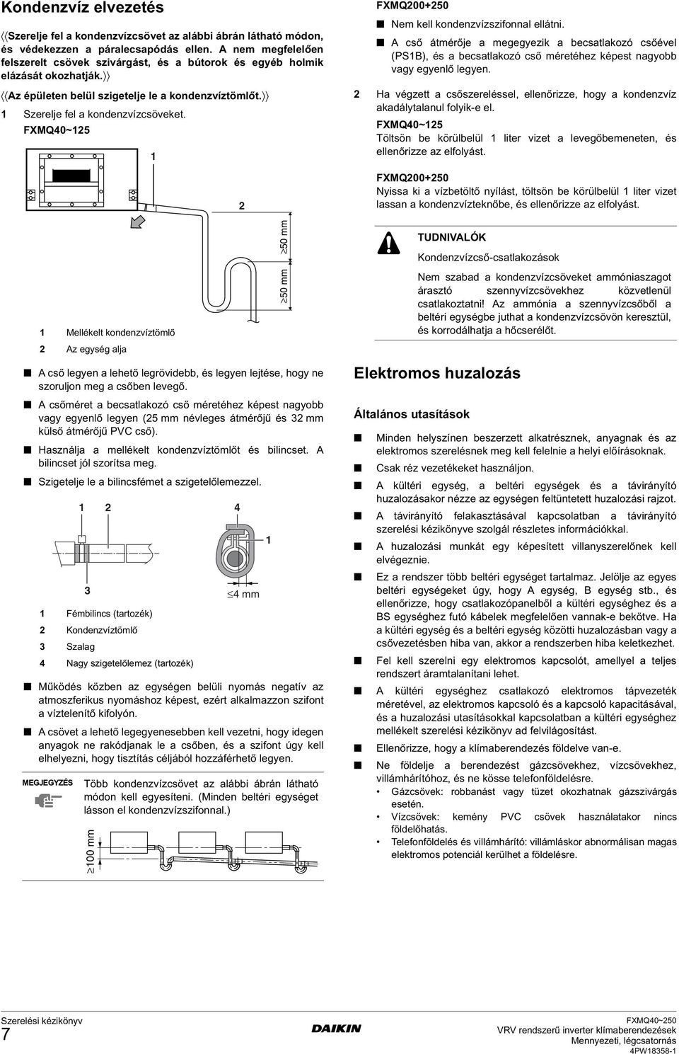 FXMQ0~5 FXMQ00+50 Nem kell kondenzvízszifonnal ellátni. A cső átmérője a megegyezik a becsatlakozó csőével (PSB), és a becsatlakozó cső méretéhez képest nagyobb vagy egyenlő legyen.