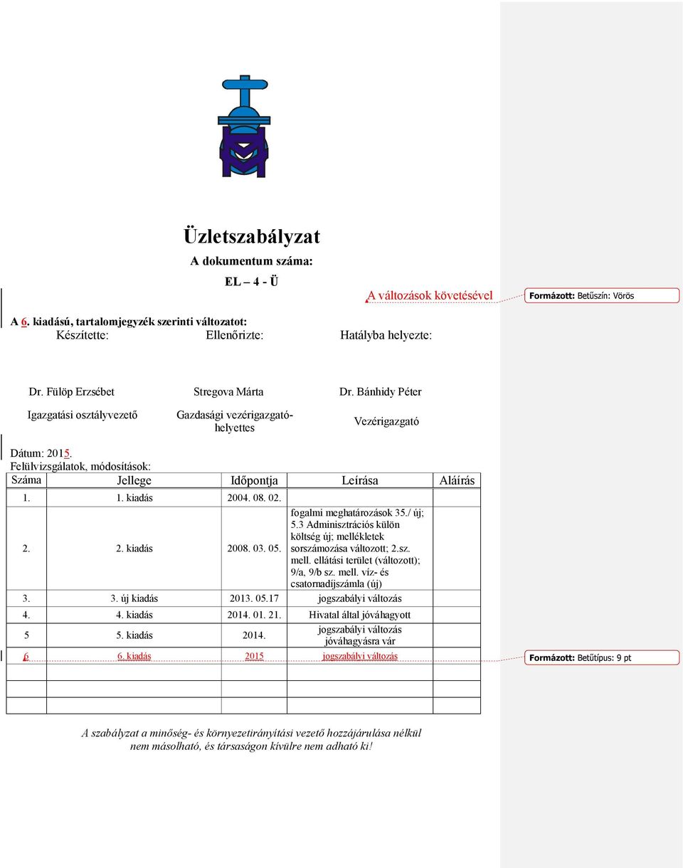 Felülvizsgálatok, módosítások: Száma Jellege Időpontja Leírása Aláírás 1. 1. kiadás 2004. 08. 02. 2. 2. kiadás 2008. 03. 05. fogalmi meghatározások 35./ új; 5.