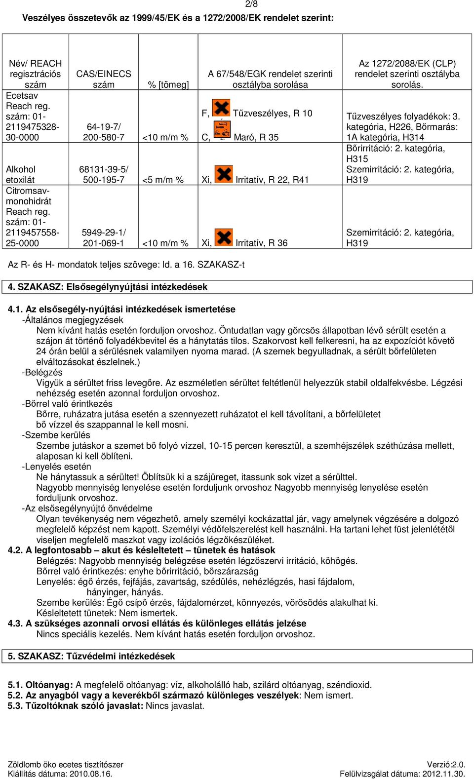 Irritatív, R 22, R41 / 201-069-1 <10 m/m % Xi, Irritatív, R 36 Az 1272/2088/EK (CLP) rendelet szerinti osztályba sorolás. Tűzveszélyes folyadékok: 3.