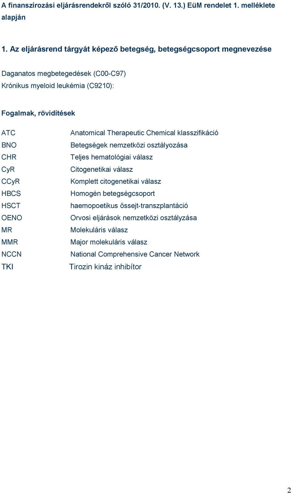 CHR CyR CCyR HBCS OENO MR MMR NCCN TKI Anatomical Therapeutic Chemical klasszifikáció Betegségek nemzetközi osztályozása Teljes hematológiai válasz Citogenetikai